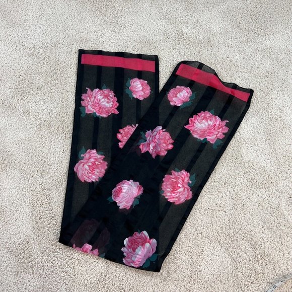 Sheer Scarf Black Pink 50" x 10.5"  Floral Roses - Picture 3 of 8